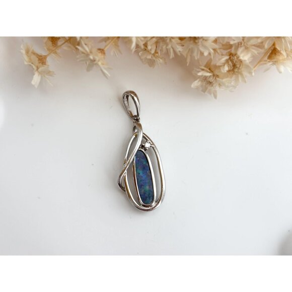 RARE Australian Opal Oval Crossover Swirly Sterling Silver 925 Vintage Pendant - Picture 2 of 9
